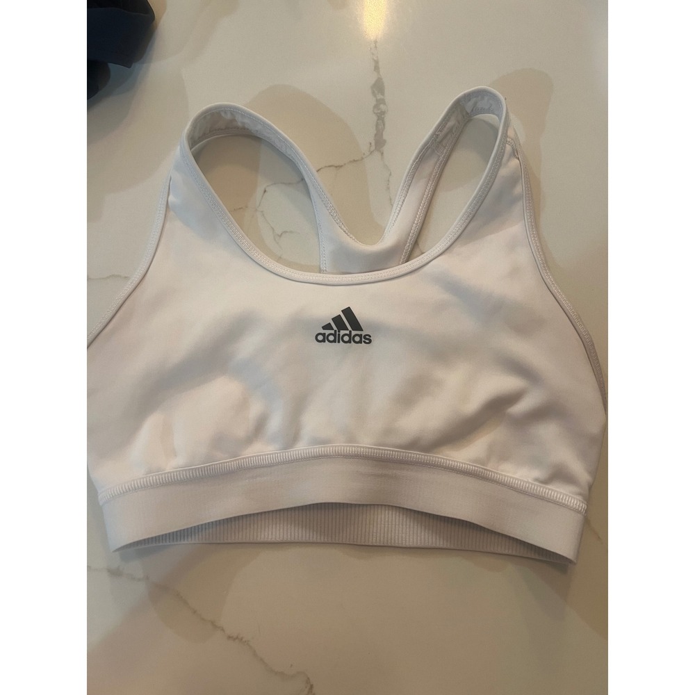 Adidas Womens White Racerback Sports Bra Medium Impact Logo Keyhole Back